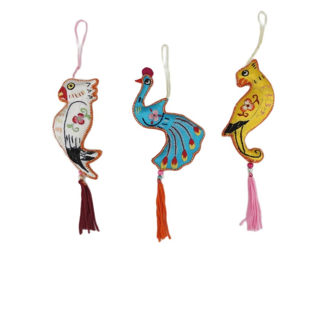 Hand Embroidered Chinese Faux Silk Bird Ornaments Set of 3 Parrots Peacock
